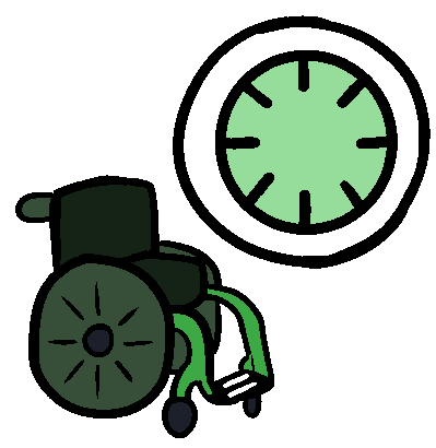 A green rigid manual wheelchair with a green shaded clock that is fully circled. 
